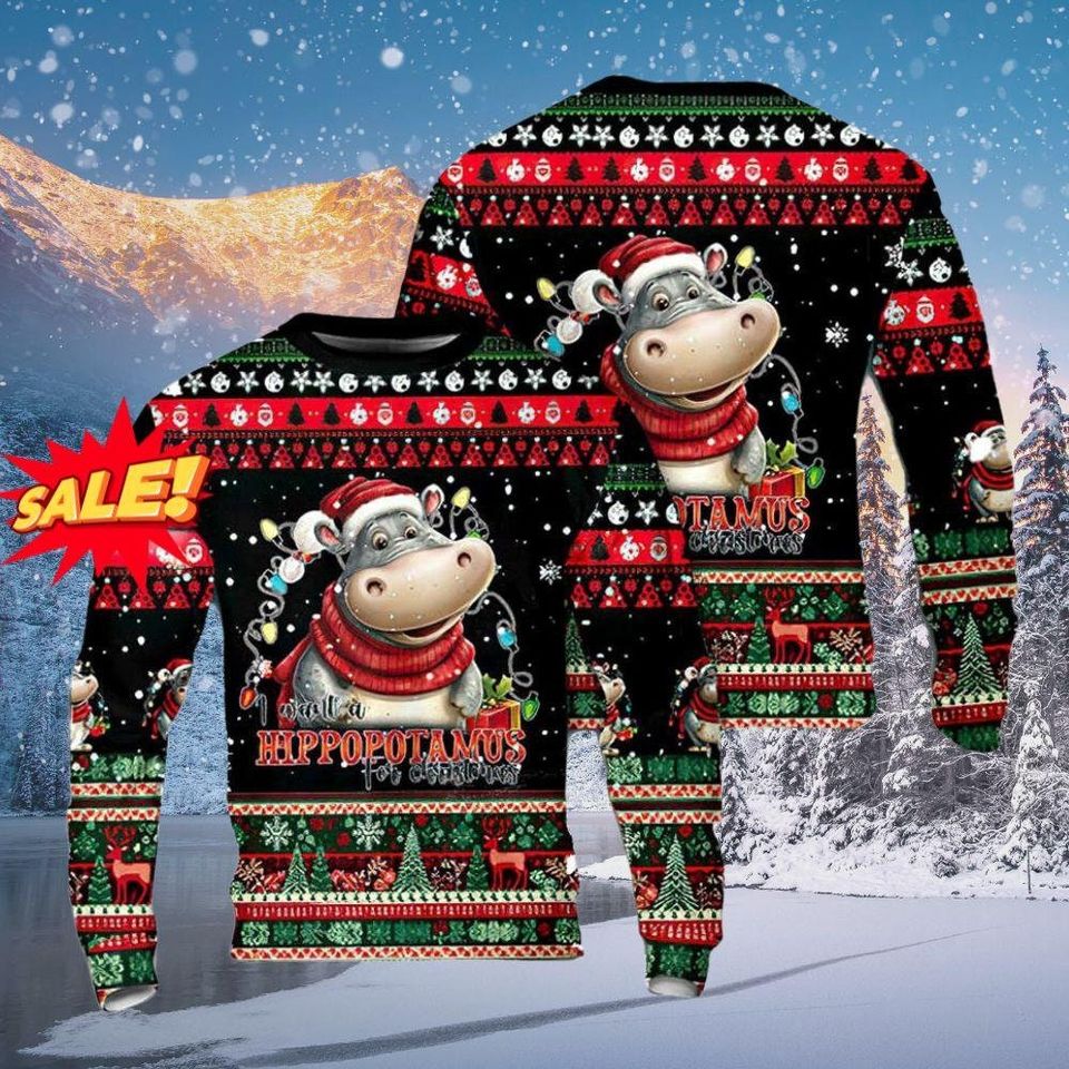 Hippopotamus Christmas Ugly Sweater, Moo Deng Xmas Shirt