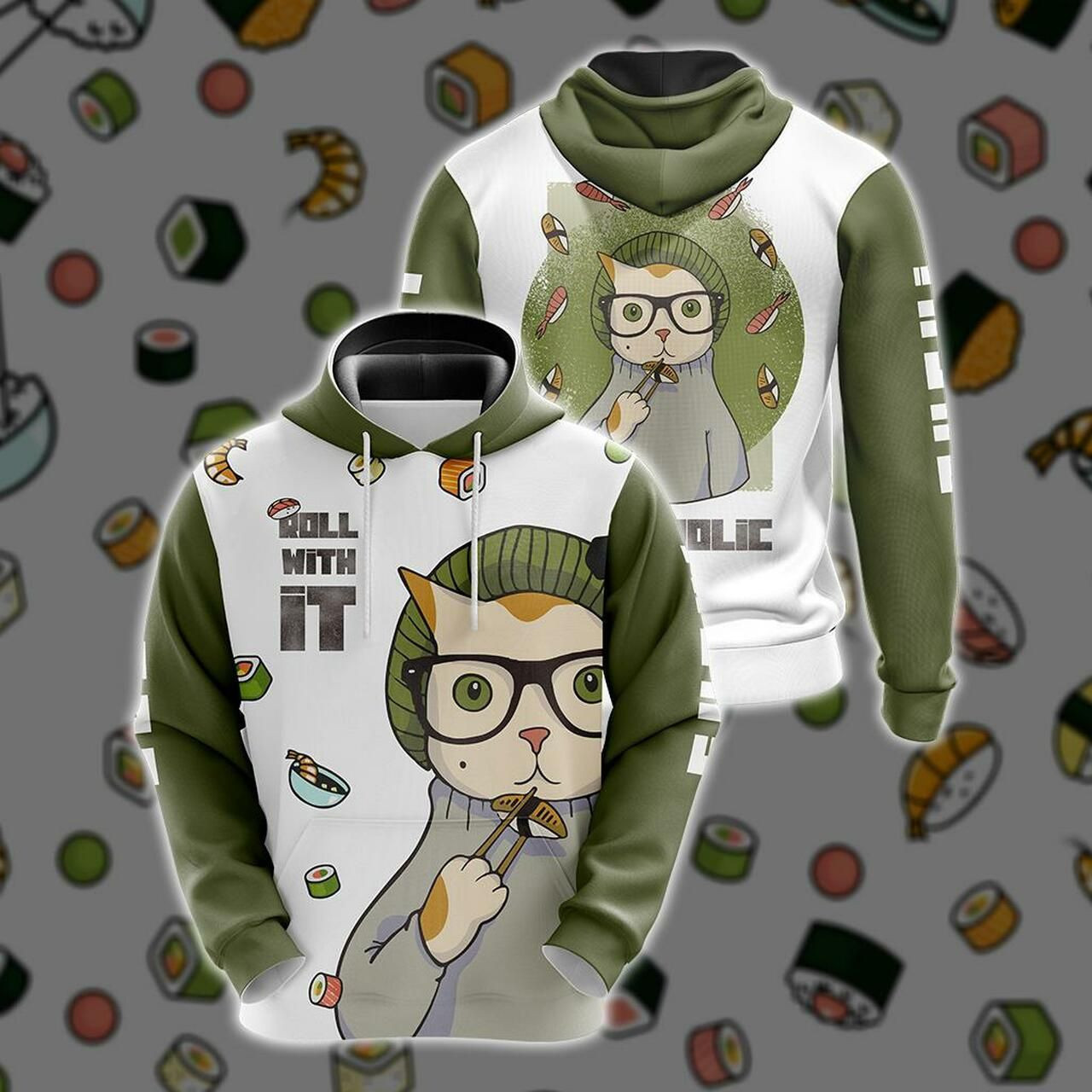 Hipster Cat Sushi Unisex 3D All Over Print Hoodie, Zip Hoodie