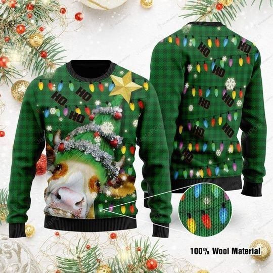 Ho Ho Ho Cow Christmas Tree Ugly Christmas Sweater Adult 3D Funny Matching for family