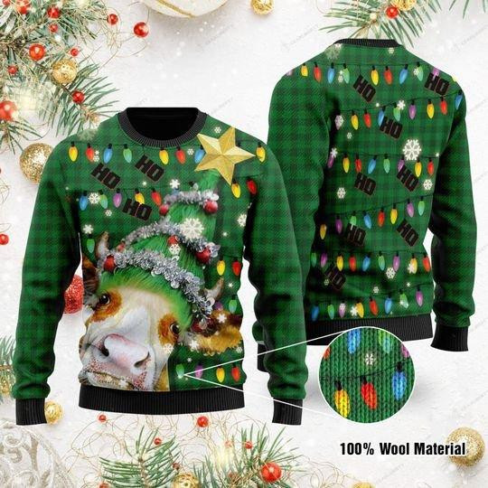 Ho Ho Ho Cow Christmas Tree Ugly Christmas Sweater Adult 3D Funny Matching for family