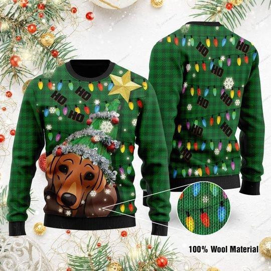 Ho Ho Ho Dachshund Christmas Tree Ugly Christmas Sweater Adult 3D Funny Matching for family