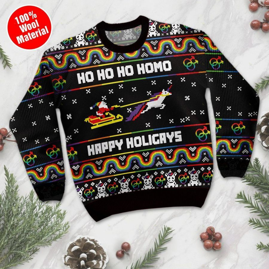 Ho Ho Ho Homo Happy Holigays With Santa And Unicorn Ugly Christmas Sweater Adult 3D Funny Matching for family