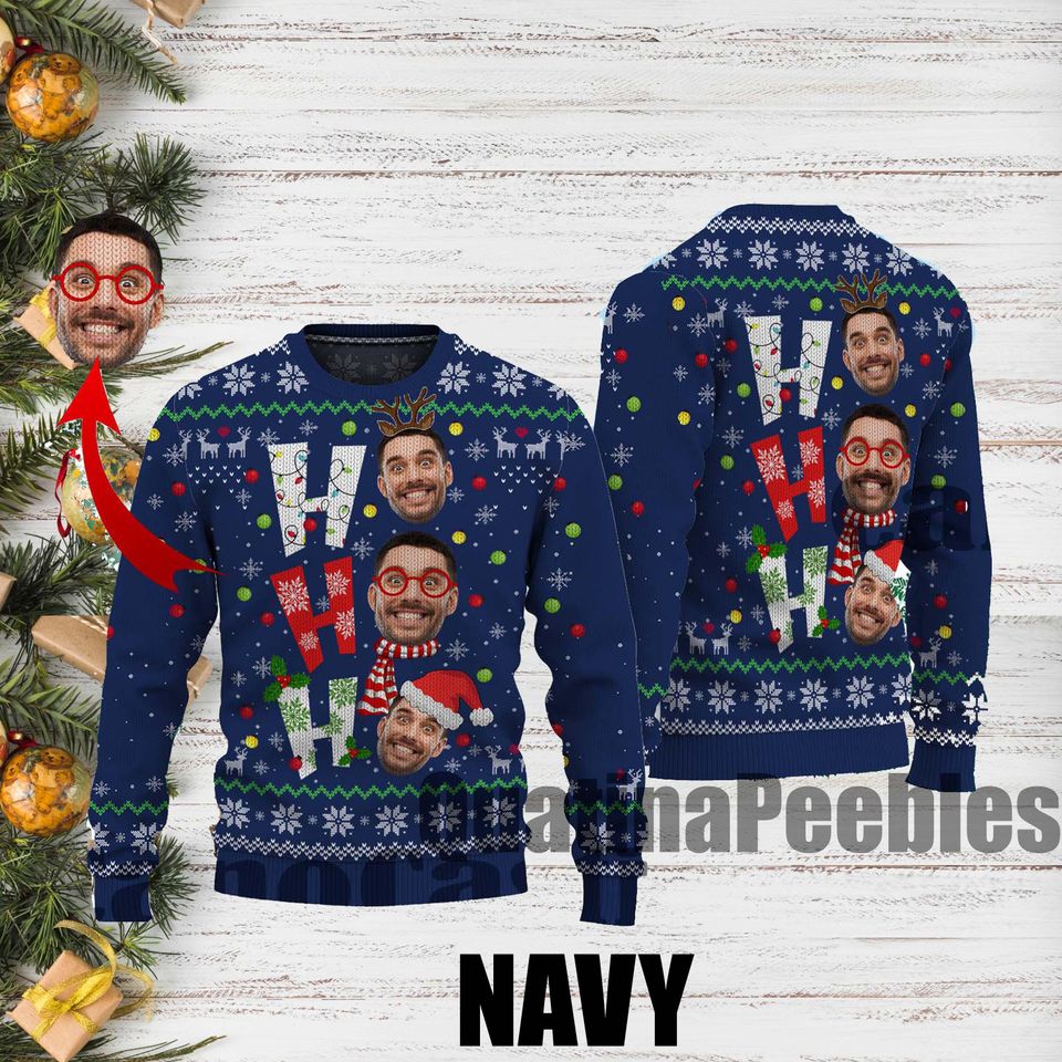 Ho Ho Ho Xmas Ugly Sweater, Personalize Face Ho Ho Ho Ugly Sweater - Image 3