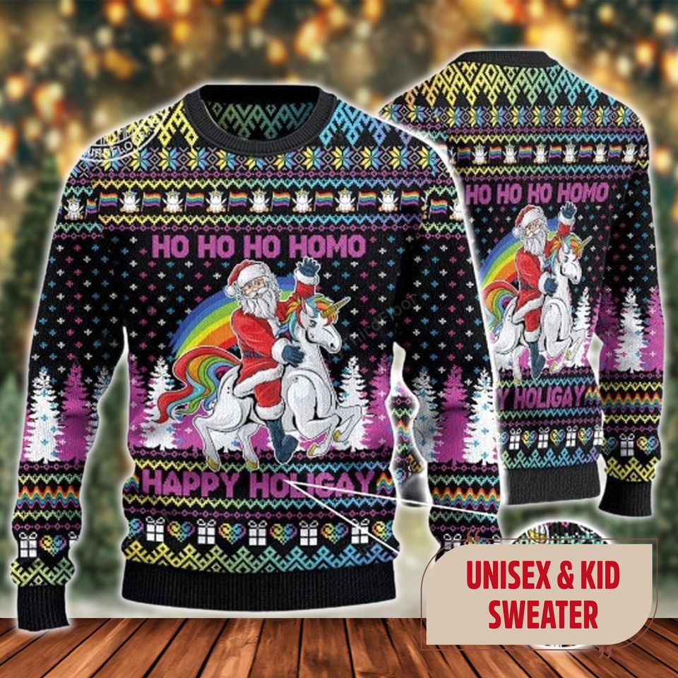 Ho Ho Homo Ugly Xmas Sweater - Santa Unicorn
