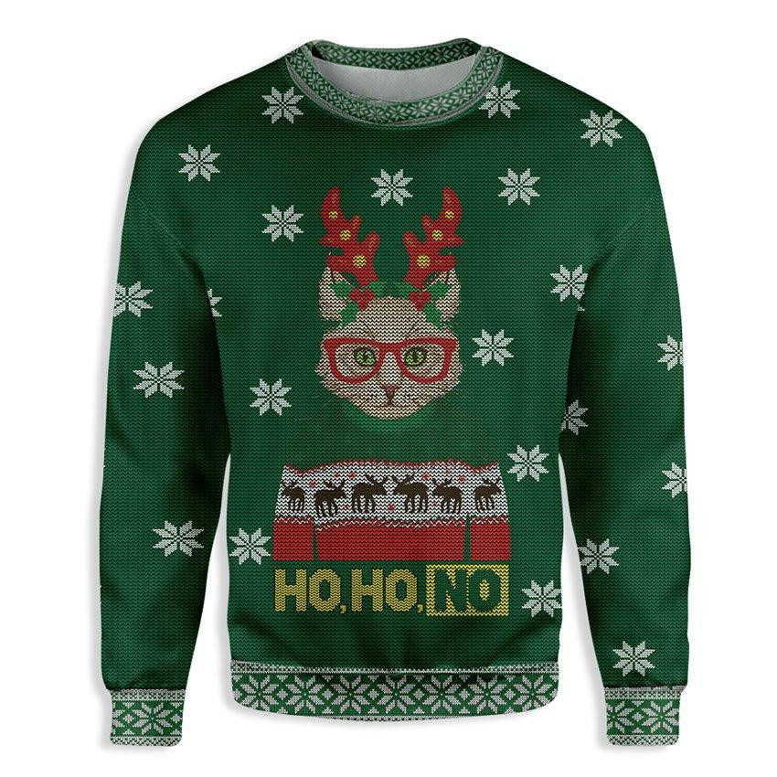 Ho Ho No Cat Christmas Ugly Christmas Sweater Adult 3D Funny Matching for family