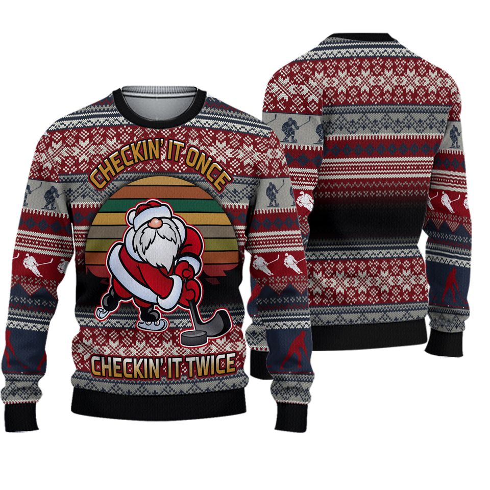 Hockey Checking It Once Checking It Twice Ugly Christmas Sweater