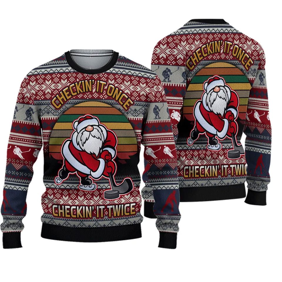 Hockey Checking It Once Checking It Twice Ugly Christmas Sweater, Ugly Christmas Sweater
