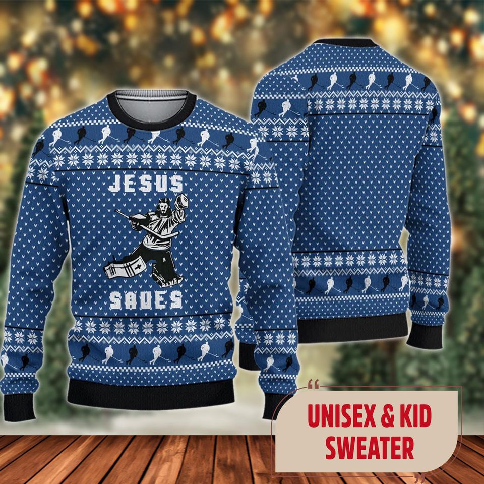 Hockey Jesus Saves Ugly Christmas Sweater, Hockey Team Christmas