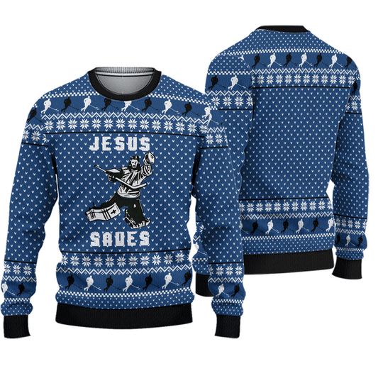Hockey Jesus Saves Ugly Christmas Sweater, Hockey Team Sweatshirt - Image 2