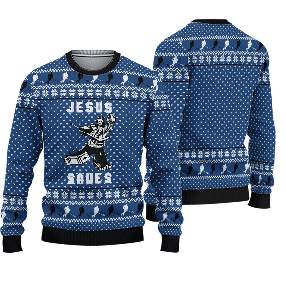 Hockey Jesus Saves Ugly Christmas Sweater, Hockey Team Sweatshirt