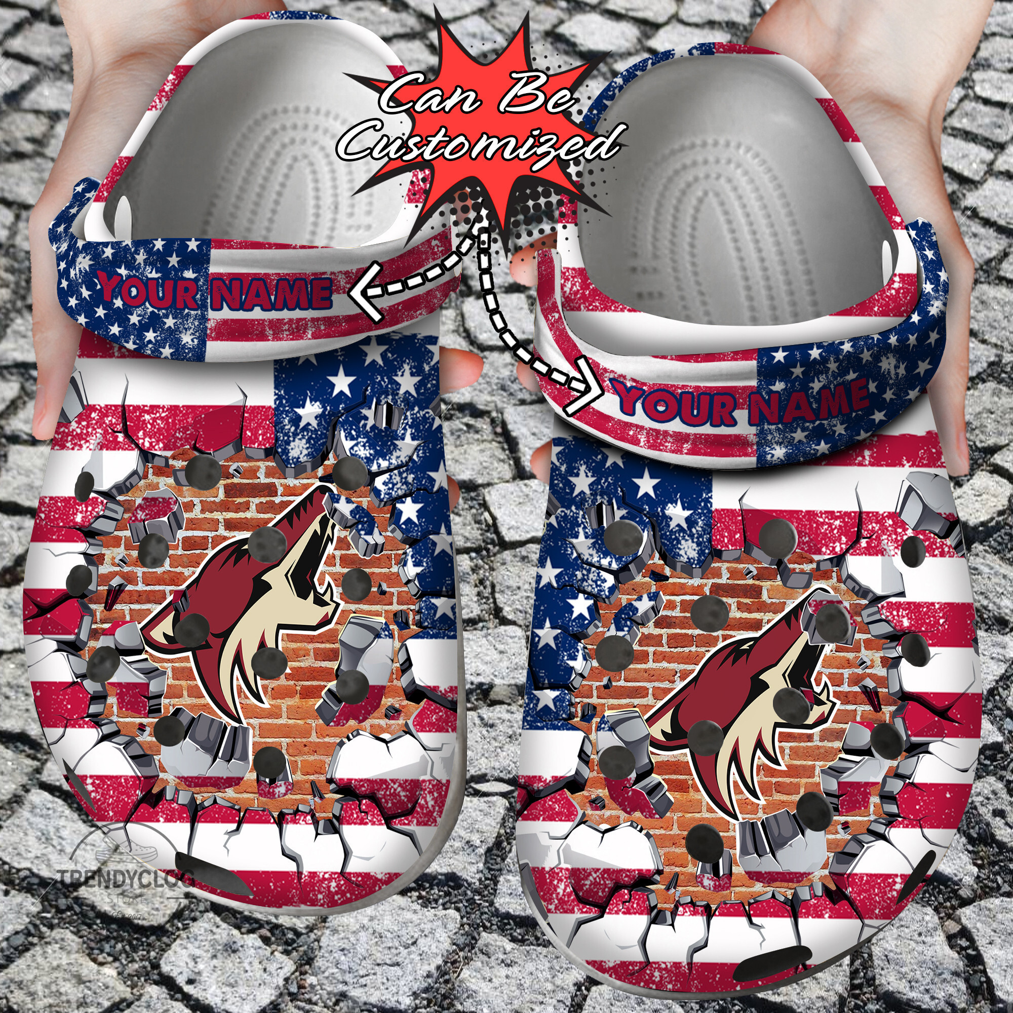 Hockey Personalized ACoyotes American Flag Breaking Wall Clog Shoes