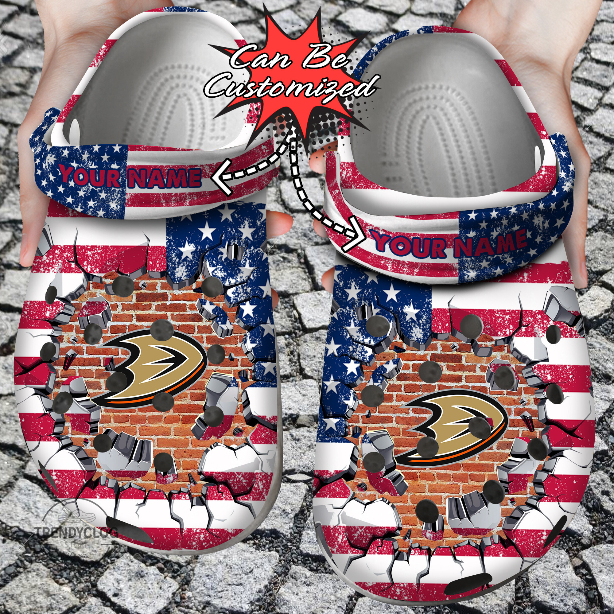 Hockey Personalized ADucks American Flag Breaking Wall Clog Shoes