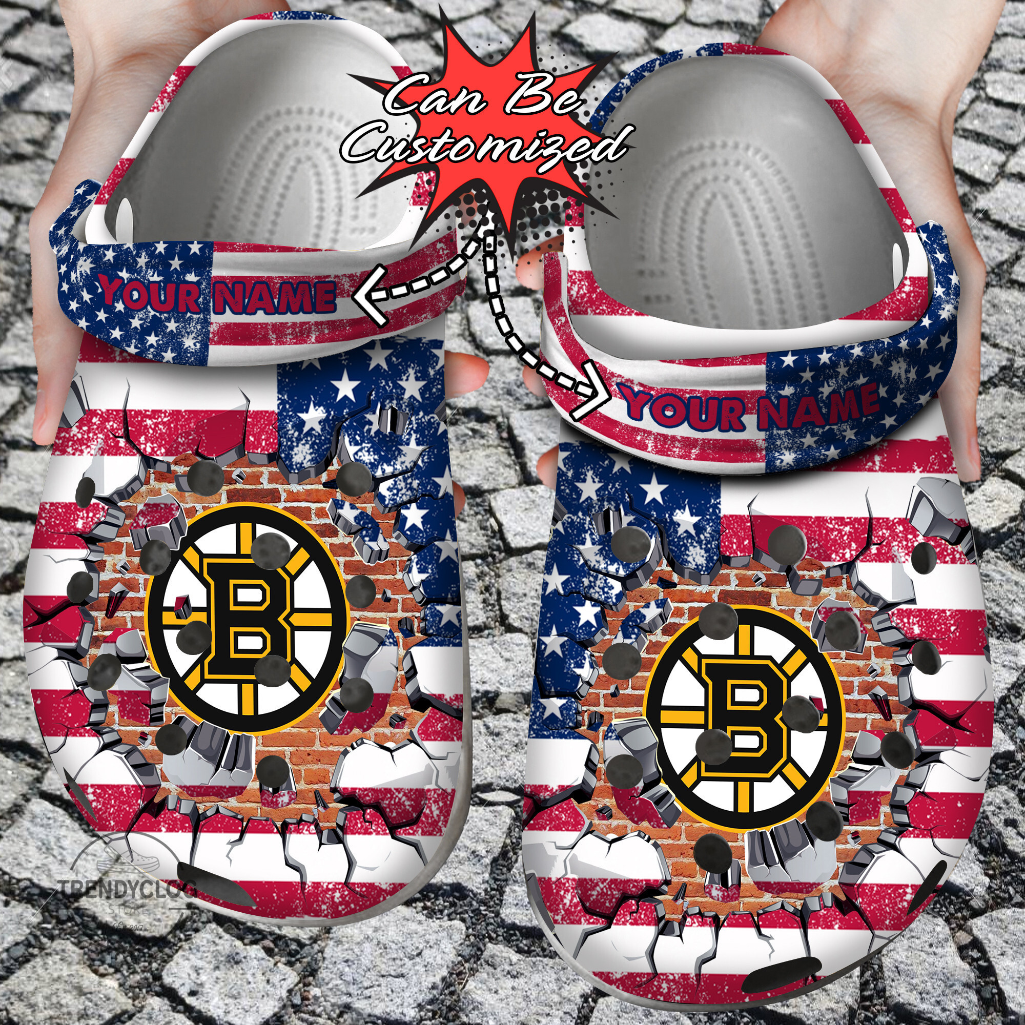 Hockey Personalized BBruins American Flag Breaking Wall Clog Shoes