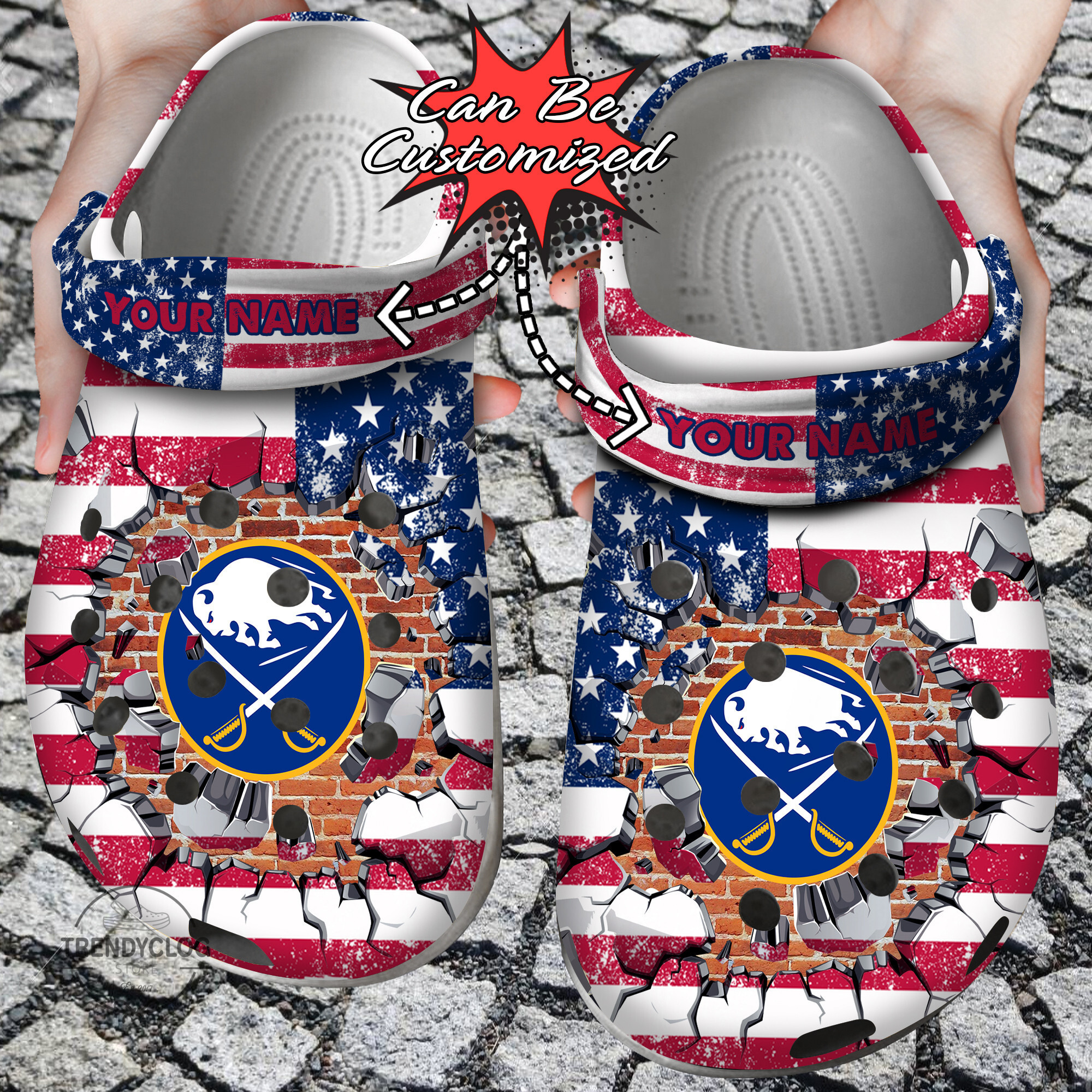 Hockey Personalized BSabres American Flag Breaking Wall Clog Shoes