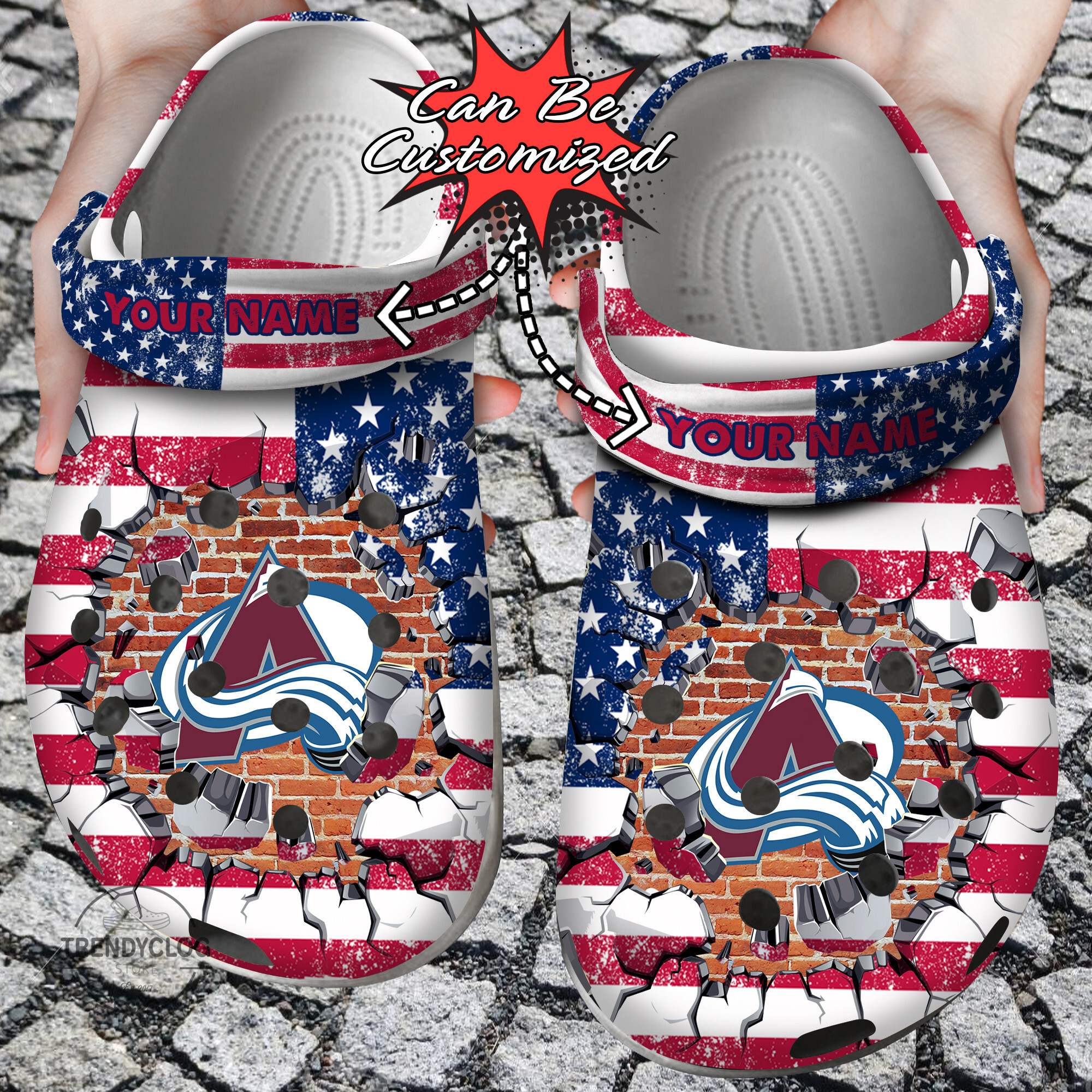 Hockey Personalized CAvalanche American Flag Breaking Wall Clog Shoes