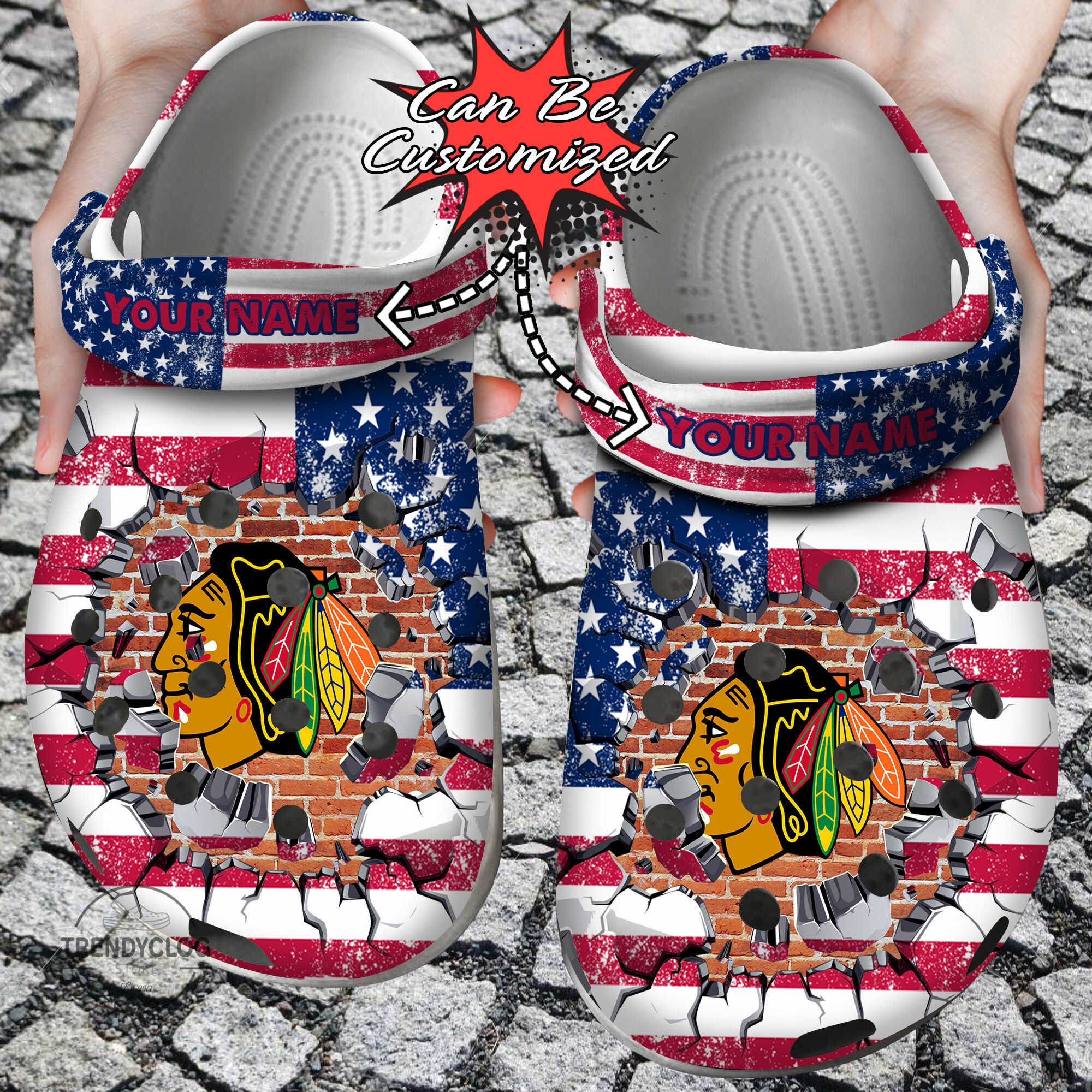 Hockey Personalized CBlackhawks American Flag Breaking Wall Clog Shoes