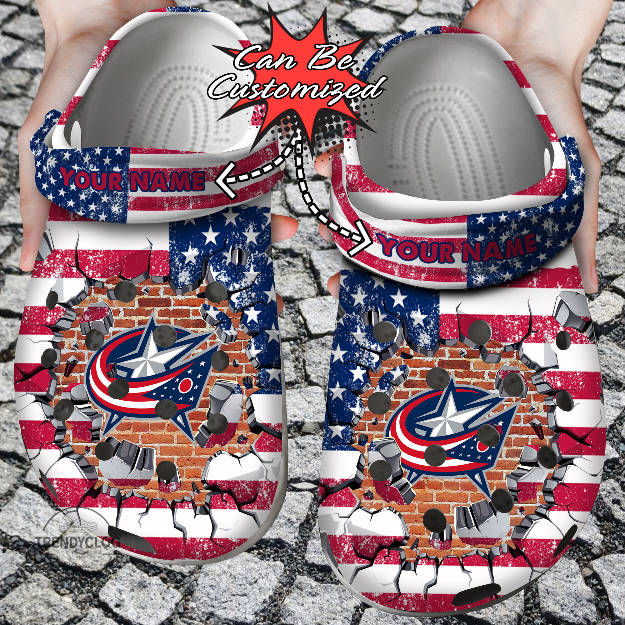 Hockey Personalized CBlue Jackets American Flag Breaking Wall Clog Shoes