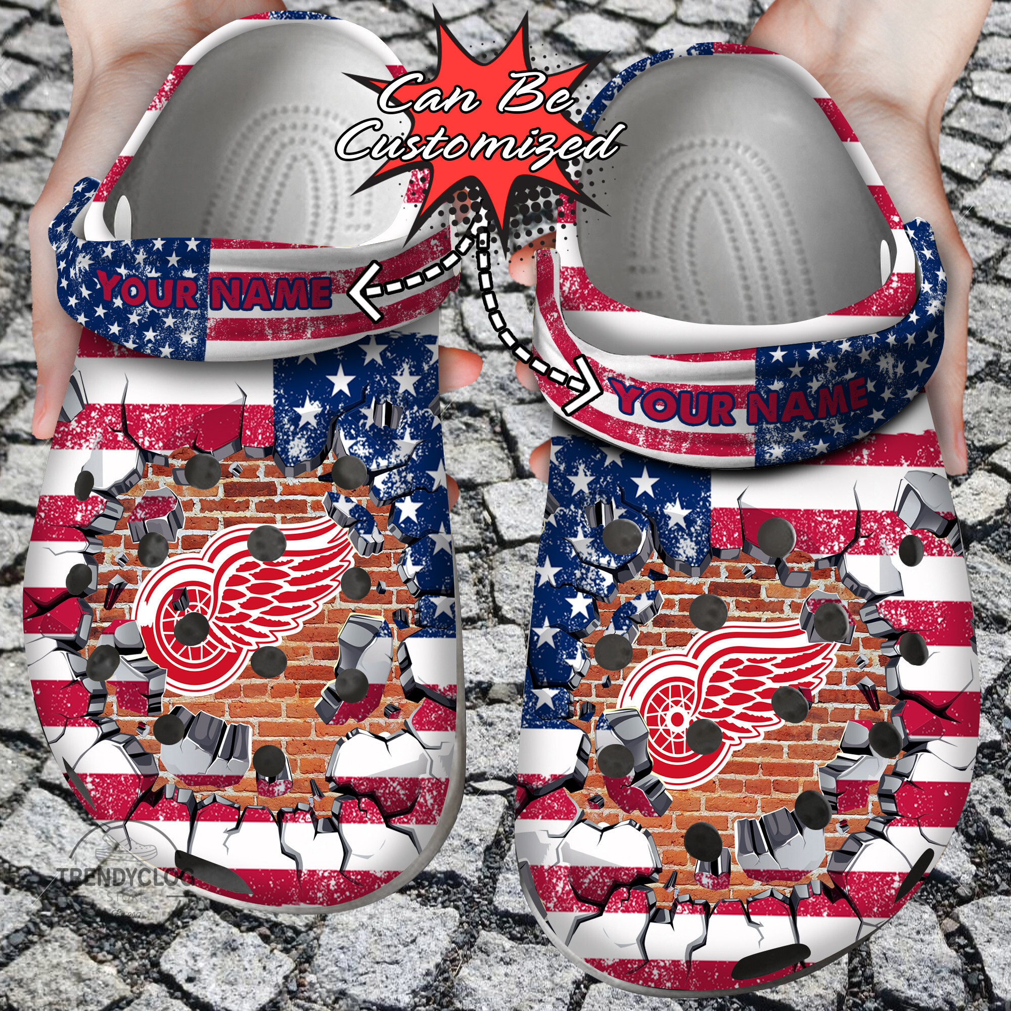 Hockey Personalized DRed Wings American Flag Breaking Wall Clog Shoes