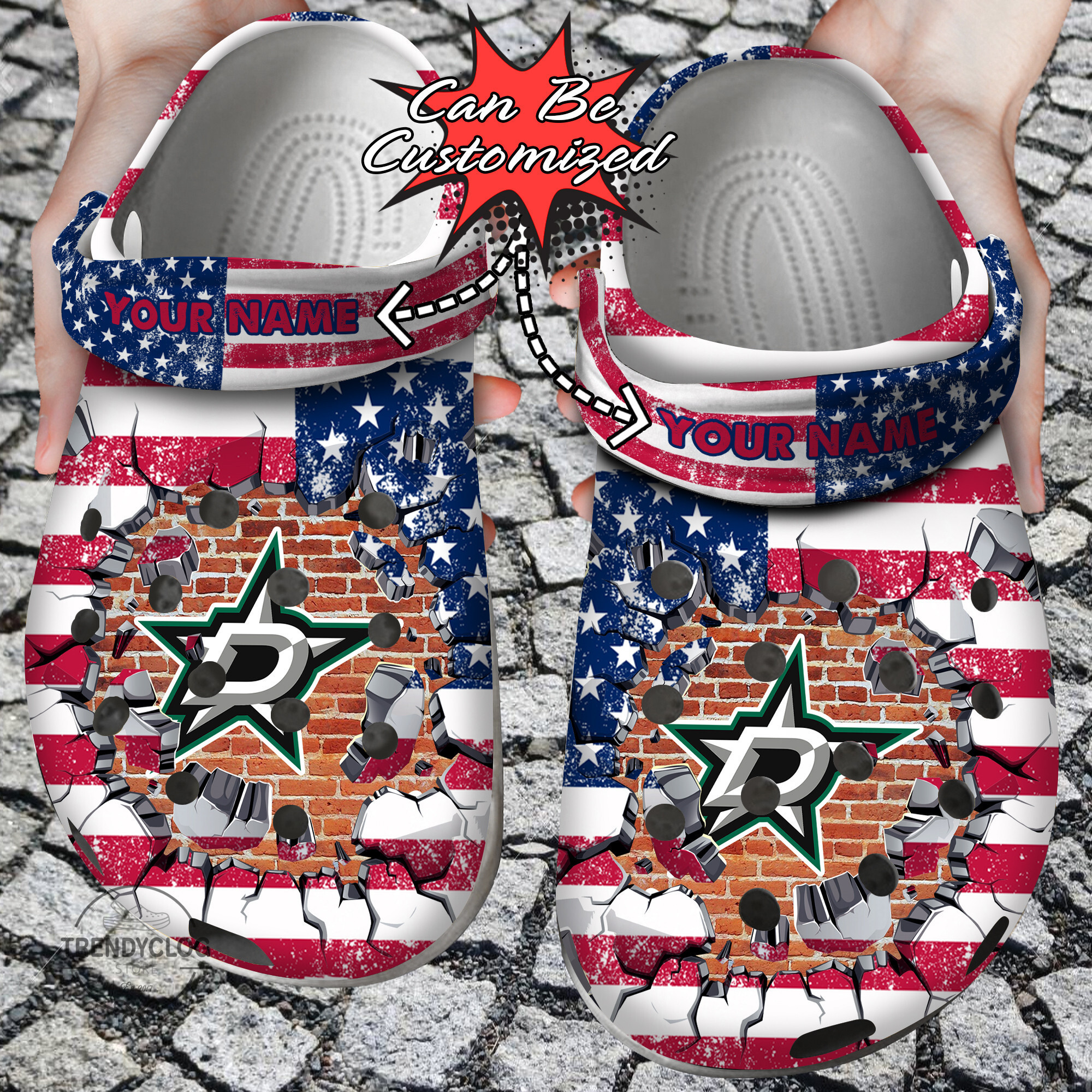 Hockey Personalized DStars American Flag Breaking Wall Clog Shoes