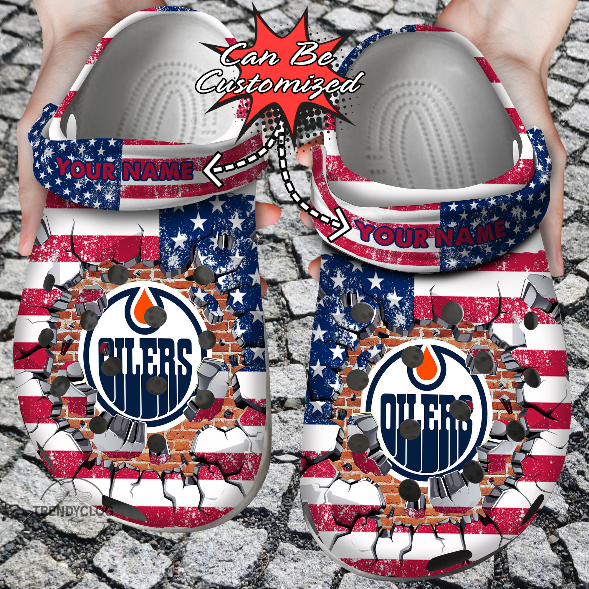 Hockey Personalized EOilers American Flag Breaking Wall Clog Shoes