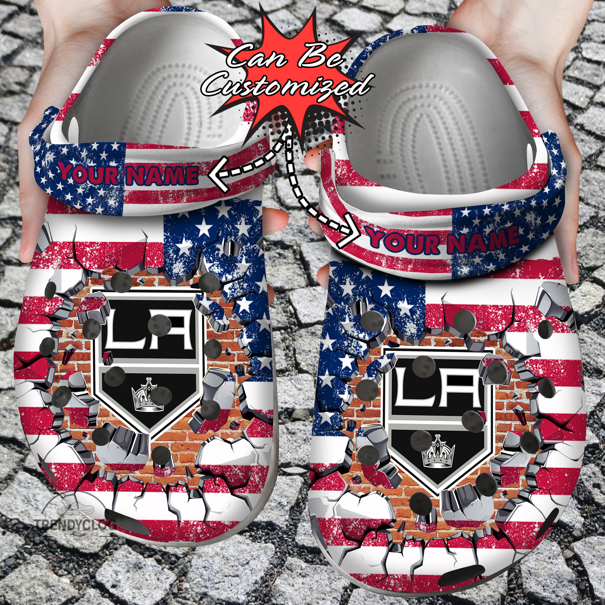 Hockey Personalized LA Kings American Flag Breaking Wall Clog Shoes