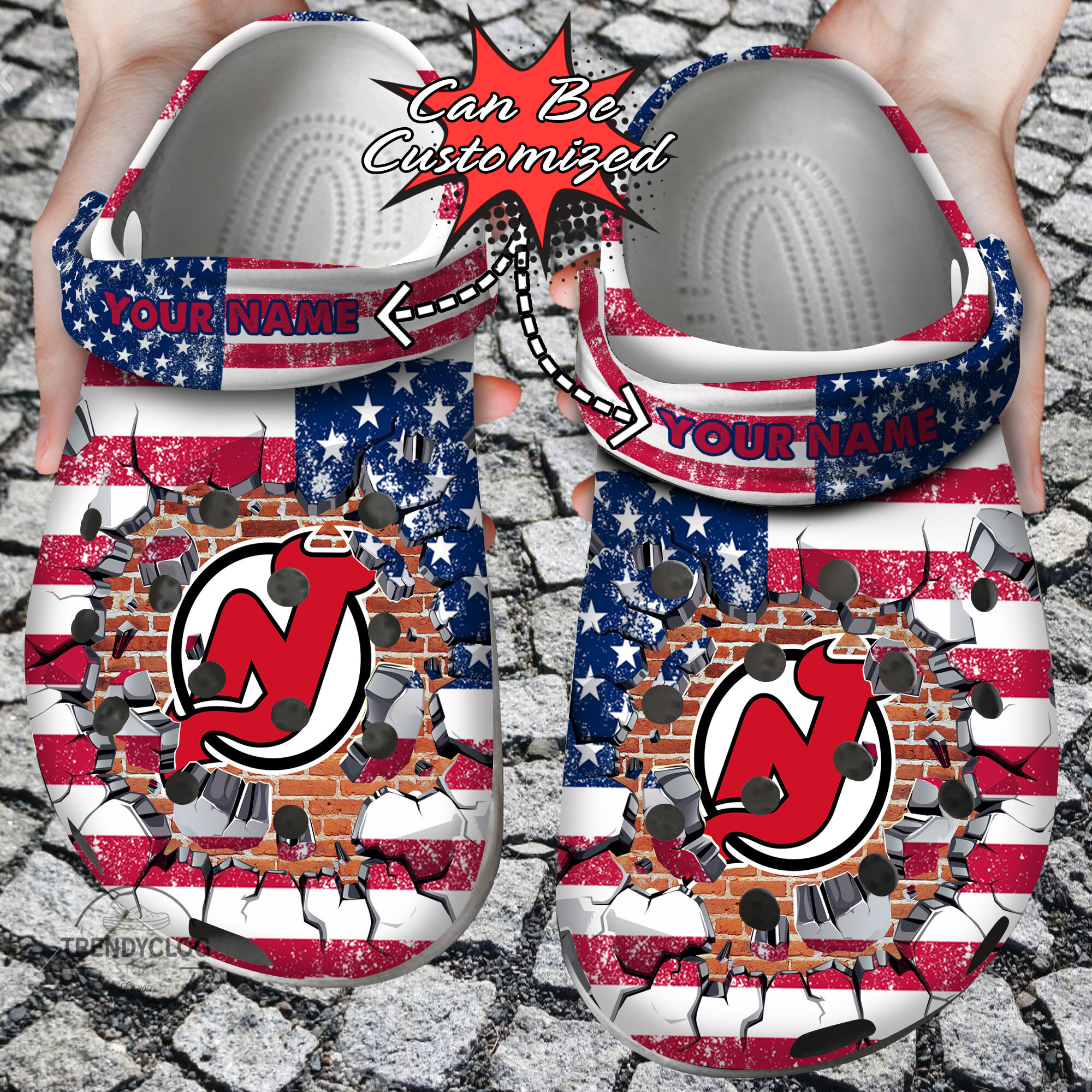 Hockey Personalized NJ Devils American Flag Breaking Wall Clog Shoes