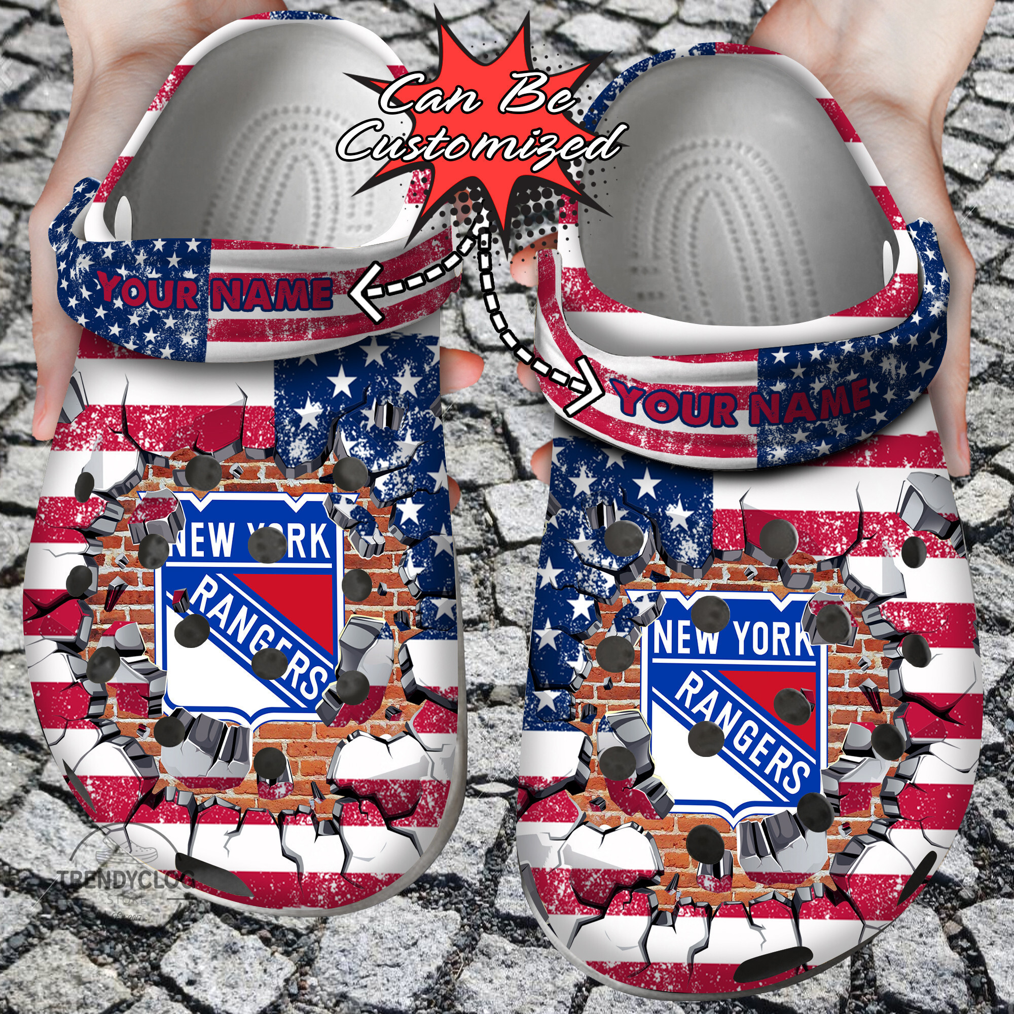 Hockey Personalized NY Rangers American Flag Breaking Wall Clog Shoes