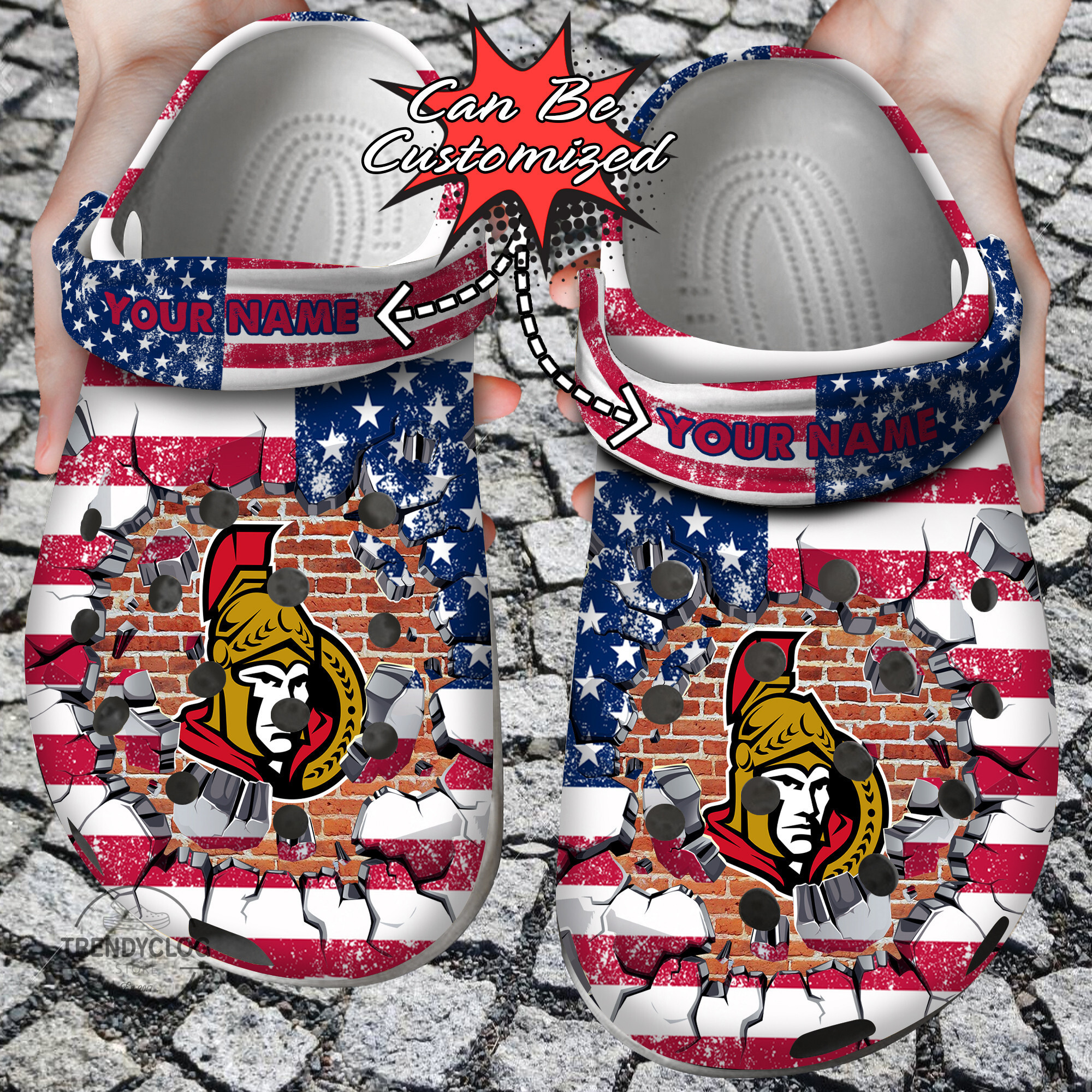 Hockey Personalized OSenators American Flag Breaking Wall Clog Shoes