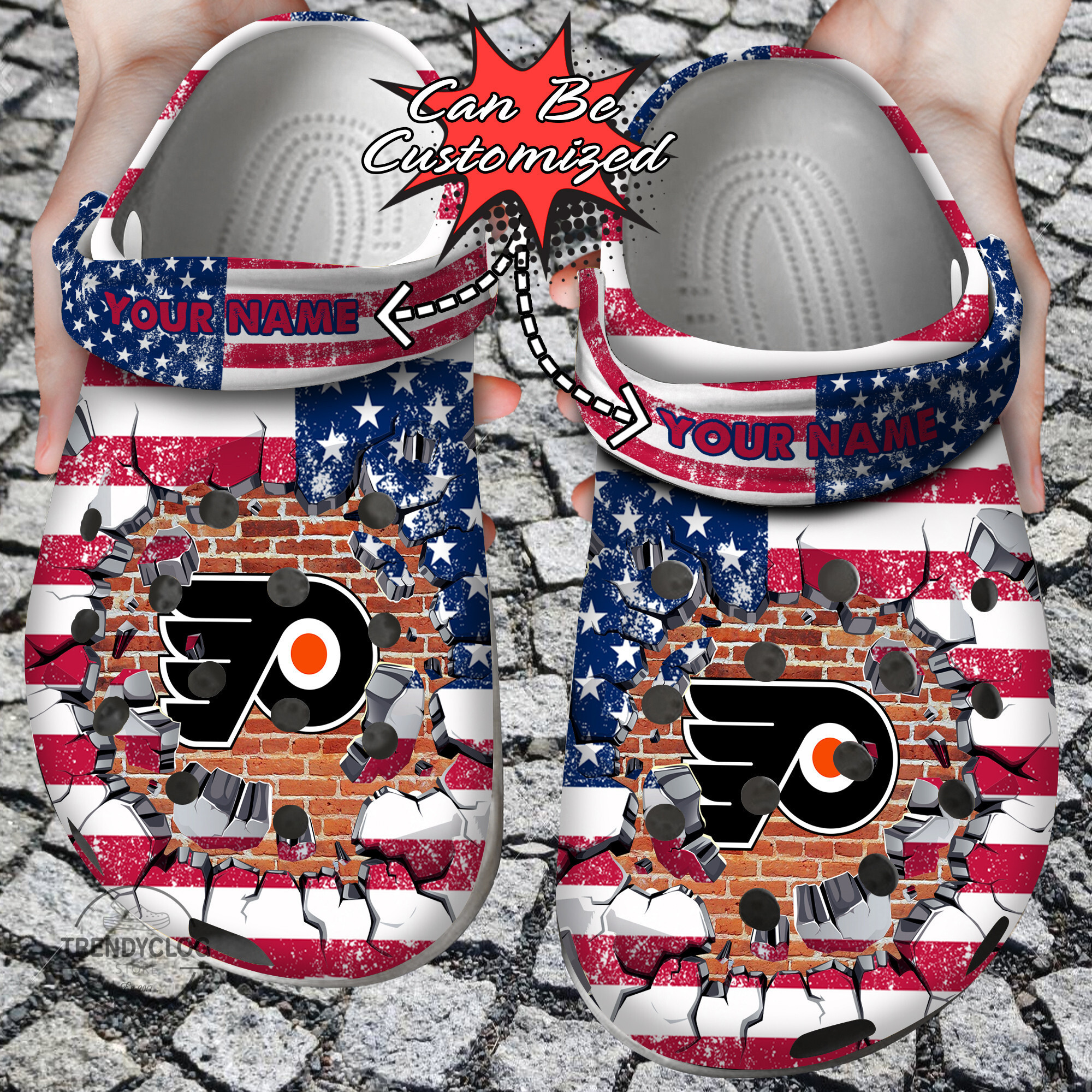 Hockey Personalized PFlyers American Flag Breaking Wall Clog Shoes