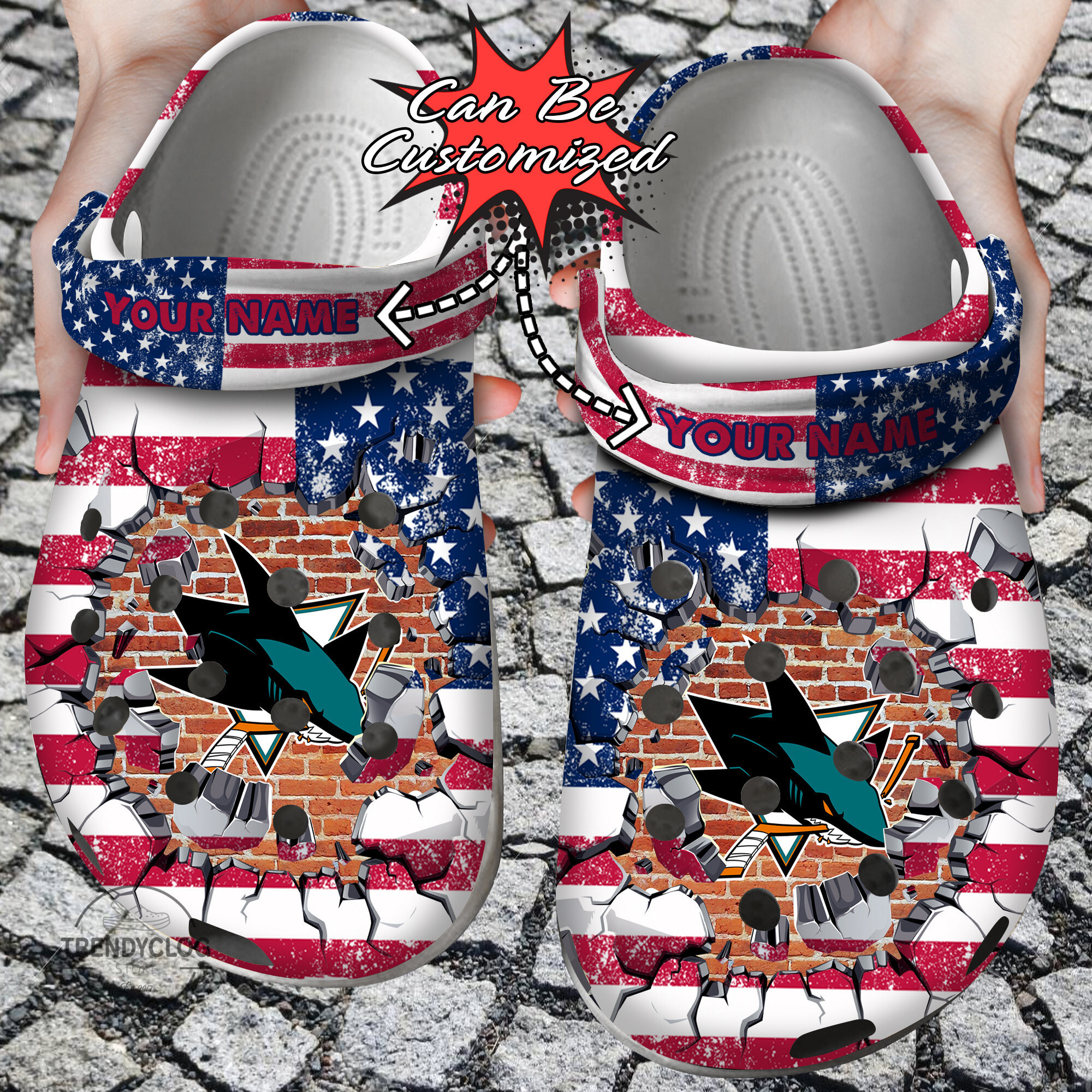 Hockey Personalized SJ Sharks American Flag Breaking Wall Clog Shoes