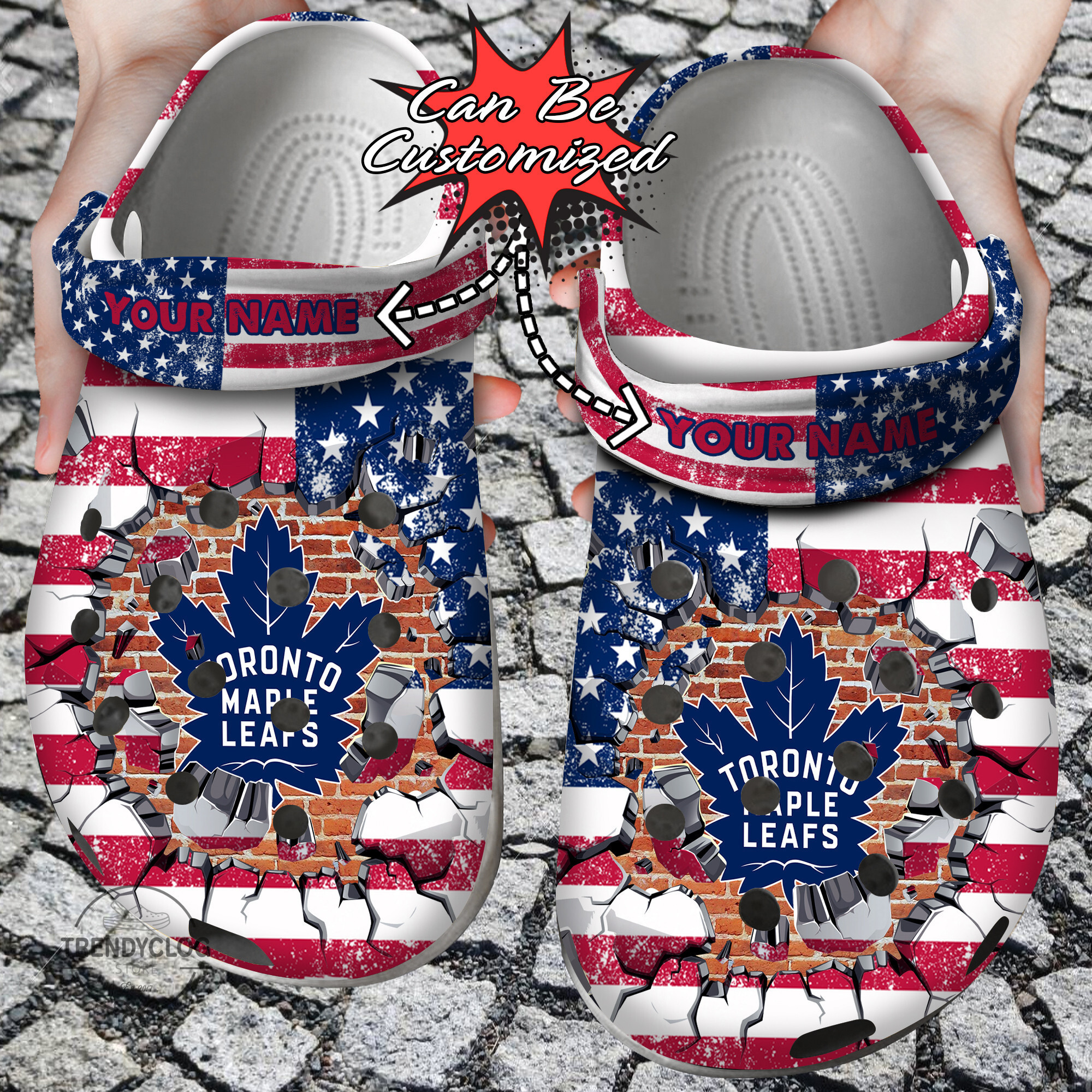 Hockey Personalized TMaple Leafs American Flag Breaking Wall Clog Shoes