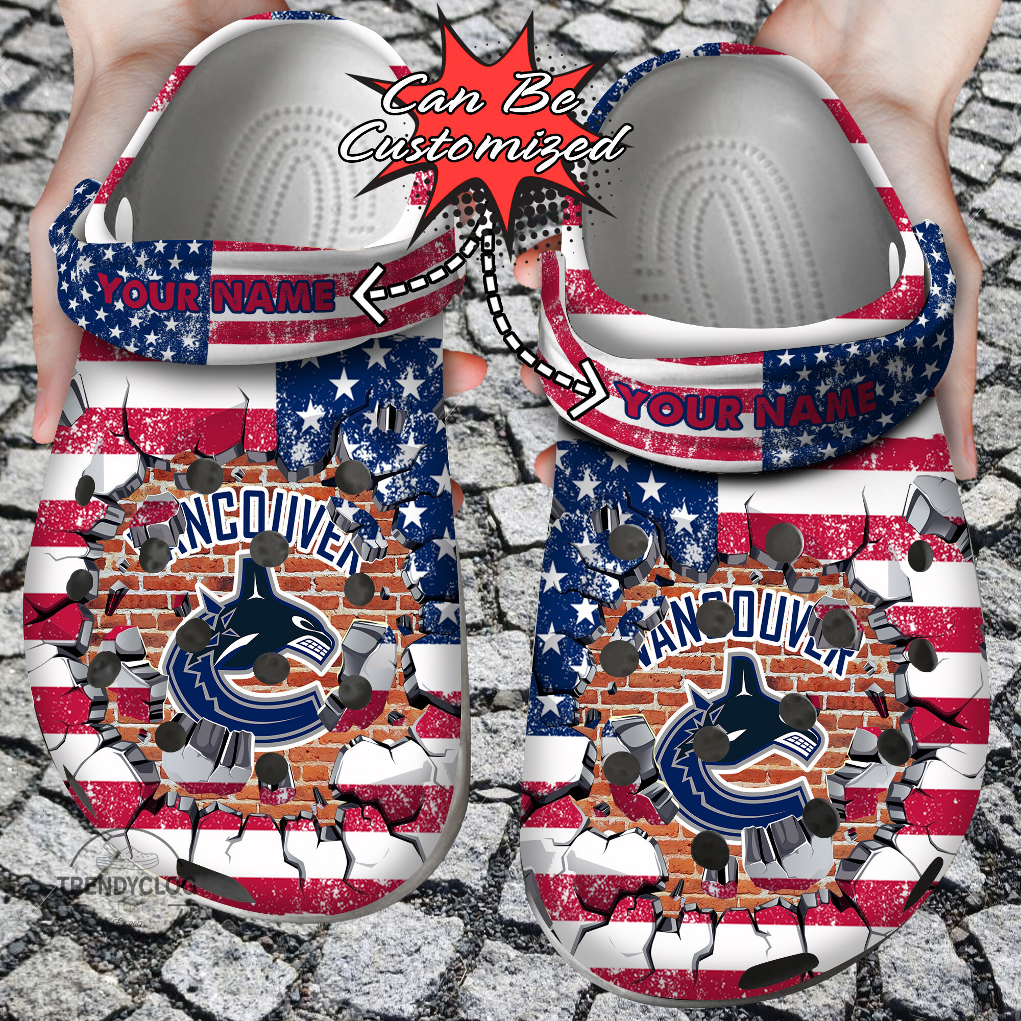 Hockey Personalized VCanucks American Flag Breaking Wall Clog Shoes
