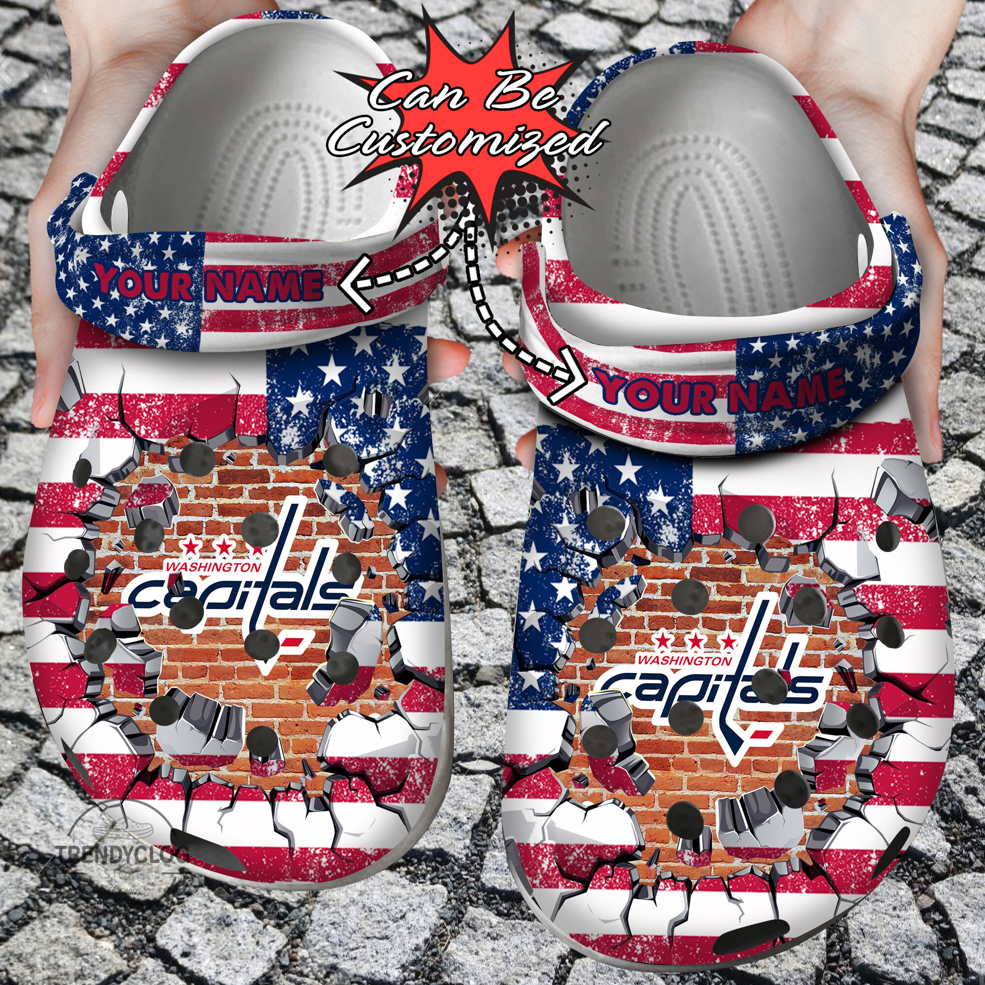 Hockey Personalized WCapitals American Flag Breaking Wall Clog Shoes