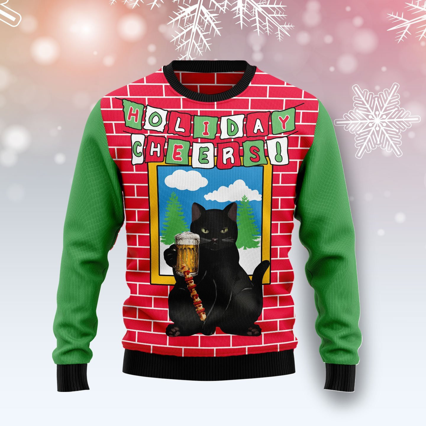 Holiday Cheer Black Cat Beer Ugly Christmas Sweater Adult 3D Funny Matching for family