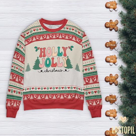 Holly Jolly Merry Christmas Ugly Christmas Sweater Retro Christmas Crewneck Shirt - Image 12