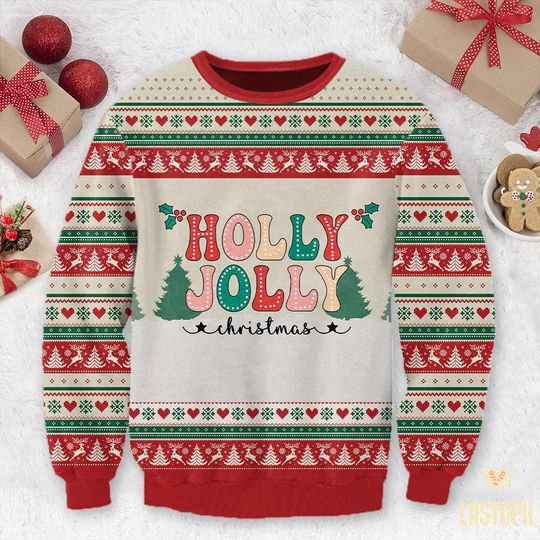 Holly Jolly Merry Christmas Ugly Christmas Sweater Retro Christmas Crewneck Shirt - Image 10