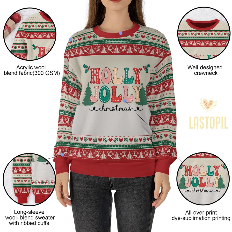 Holly Jolly Merry Christmas Ugly Christmas Sweater Retro Christmas Crewneck Shirt - Image 5