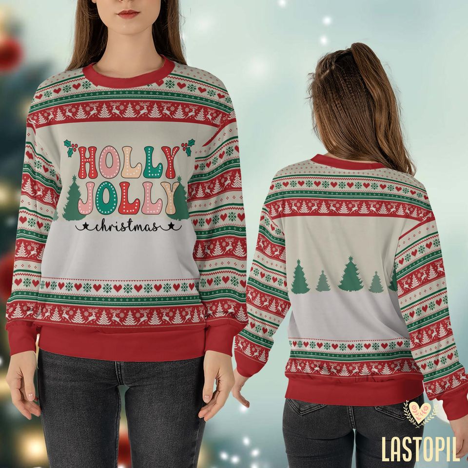 Holly Jolly Merry Christmas Ugly Christmas Sweater Retro Christmas Crewneck Shirt - Image 3