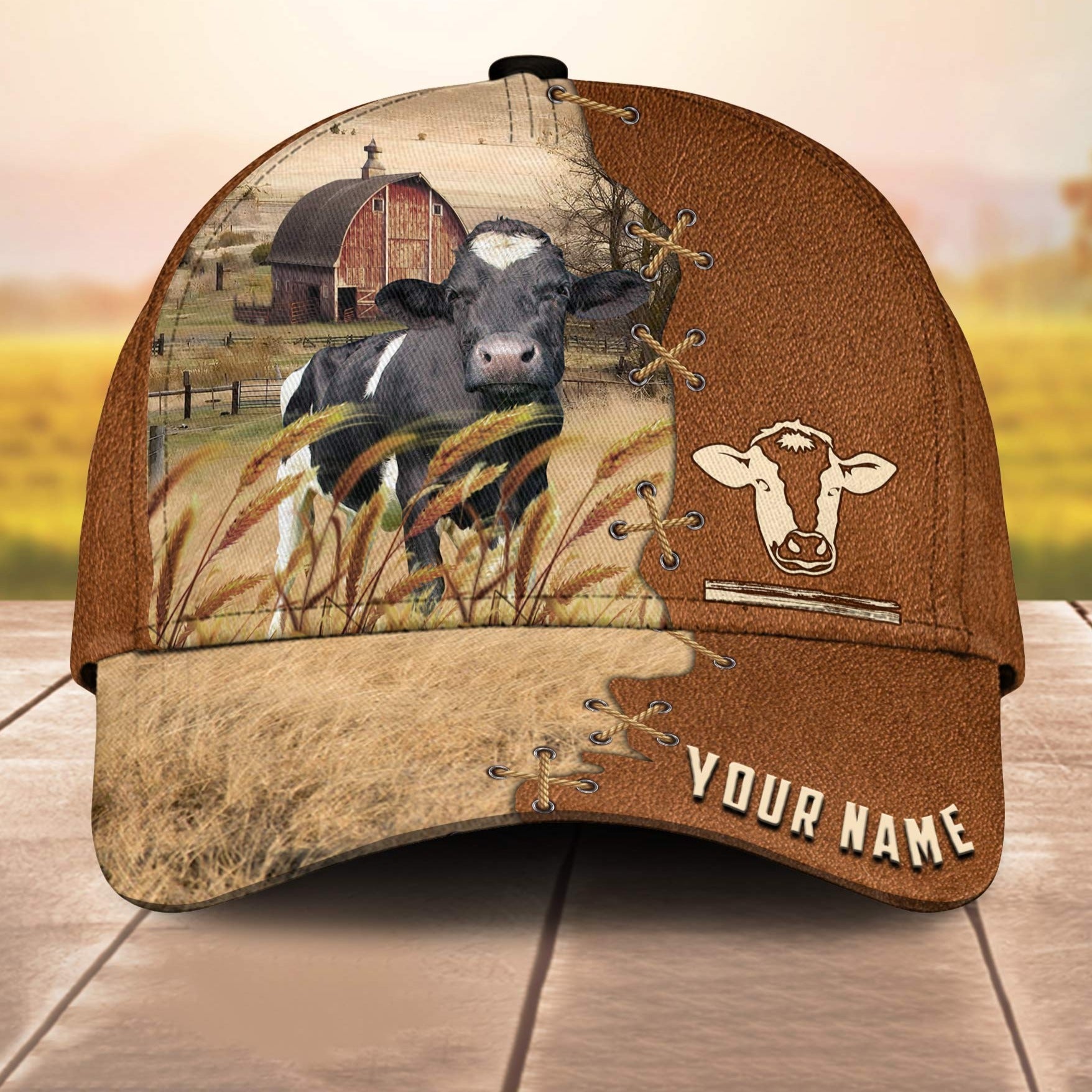 Holstein Custom Name Brown Leather Paern 3D Cap 3D All Over Print Baseball Cap, Cap For Farm Lovers, Animal Cap, Leather Pattern Cap Trucker Hats Custom Hats Gifts For Men & Women