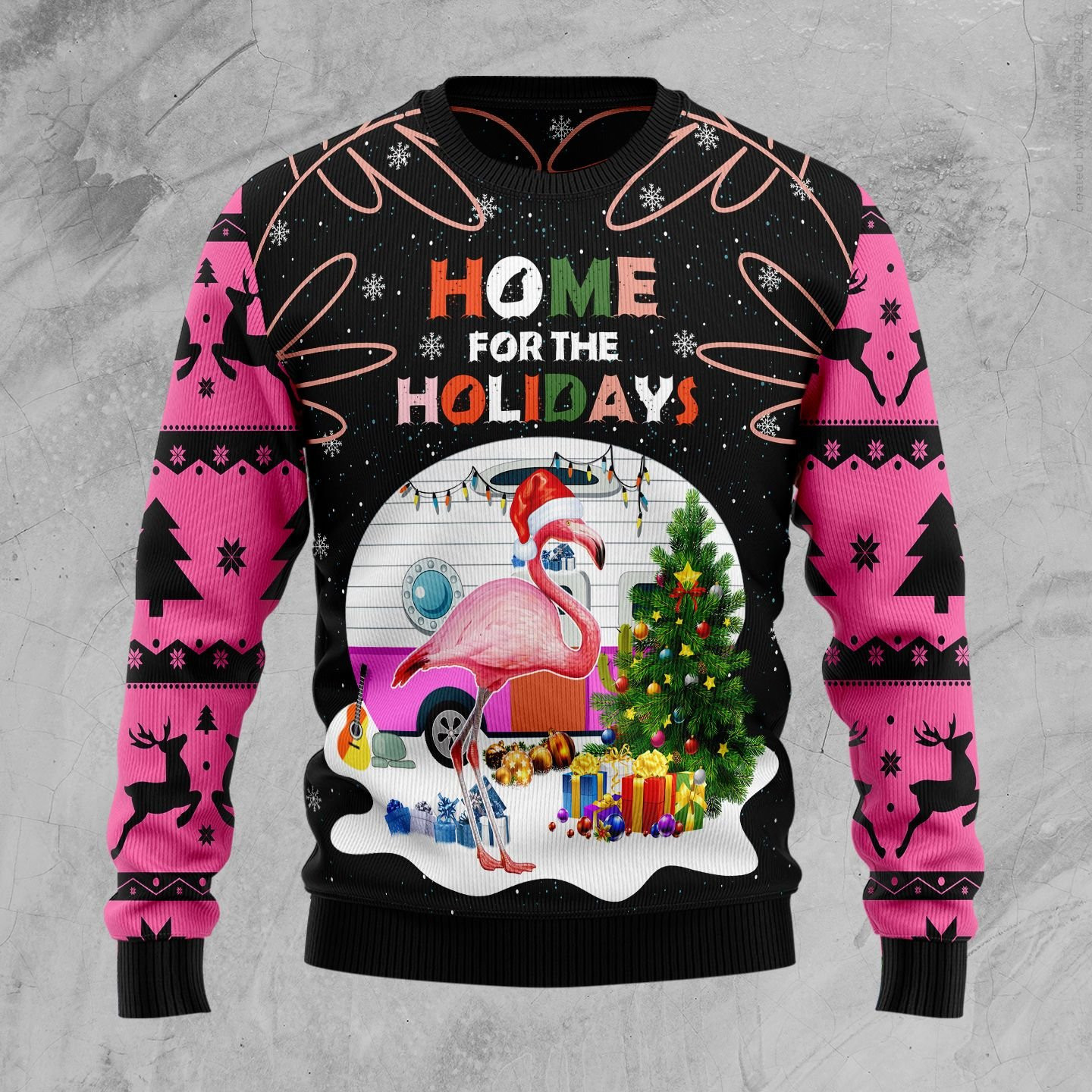 Home For The Holidays Flamingo Ugly Christmas Sweater Adult 3D Funny Matching for family