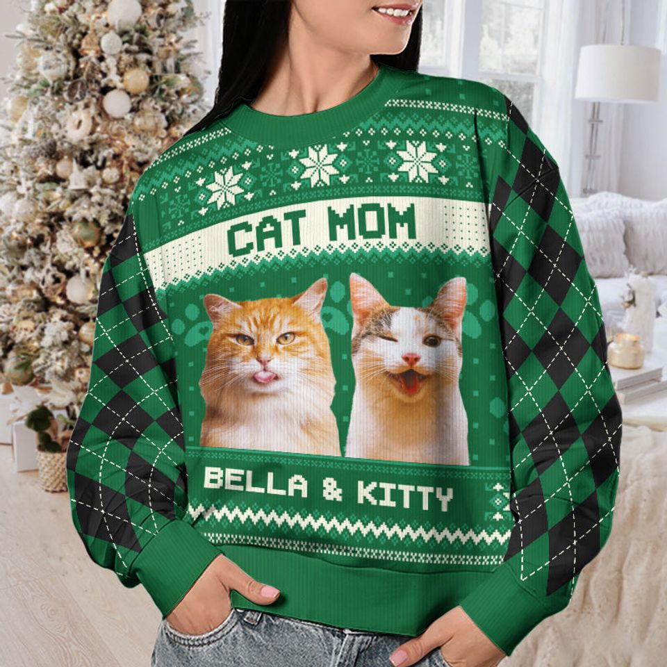 Home Is Where My Cat Is Christmas Custom Upload Pet Image Personalized Ugly Sweatshirt - Image 3