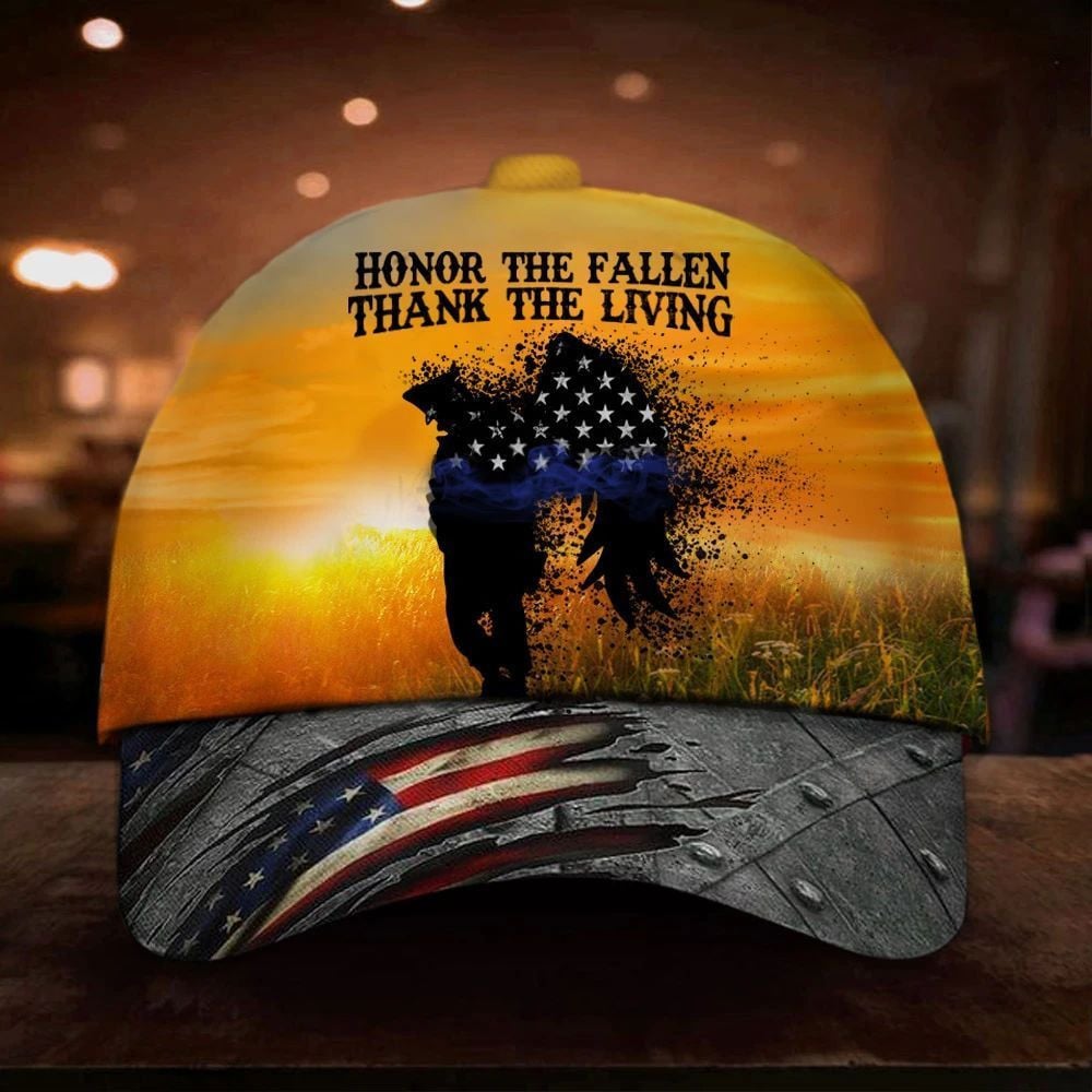 Honor The Fallen Thank The Living Blue Line Cap American Flag Hat Memorial Law Enforcement Trucker Hats Custom Hats Gifts For Men & Women
