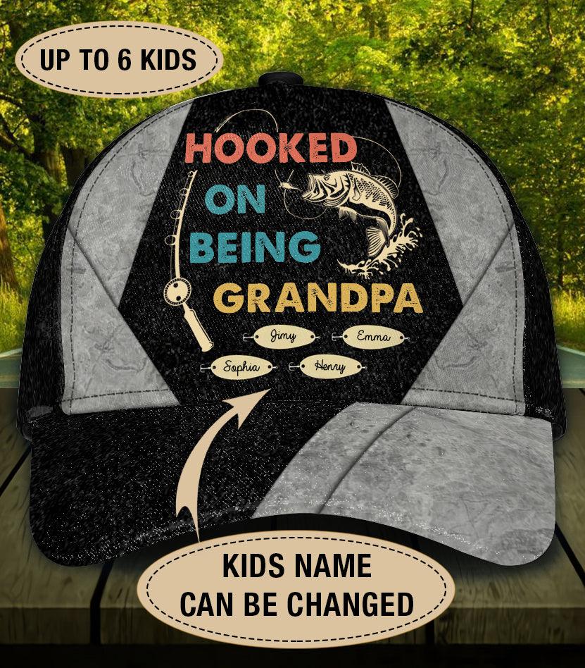 Hooked On Being, Grandpa Grey Fishing Personalized Classic Cap, Personalized Gift for Fishing Lovers Trucker Hats Custom Hats Gifts For Men & Women