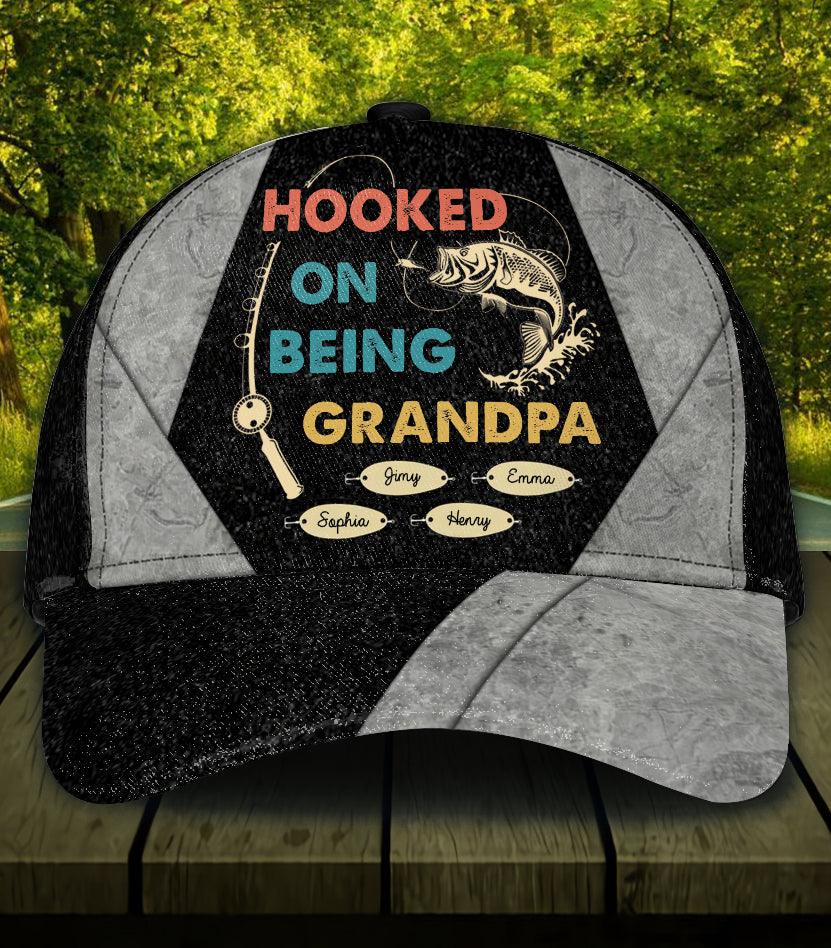 Hooked On Being, Grandpa Grey Fishing Personalized Classic Cap, Personalized Gift for Fishing Lovers Trucker Hats Custom Hats Gifts For Men & Women