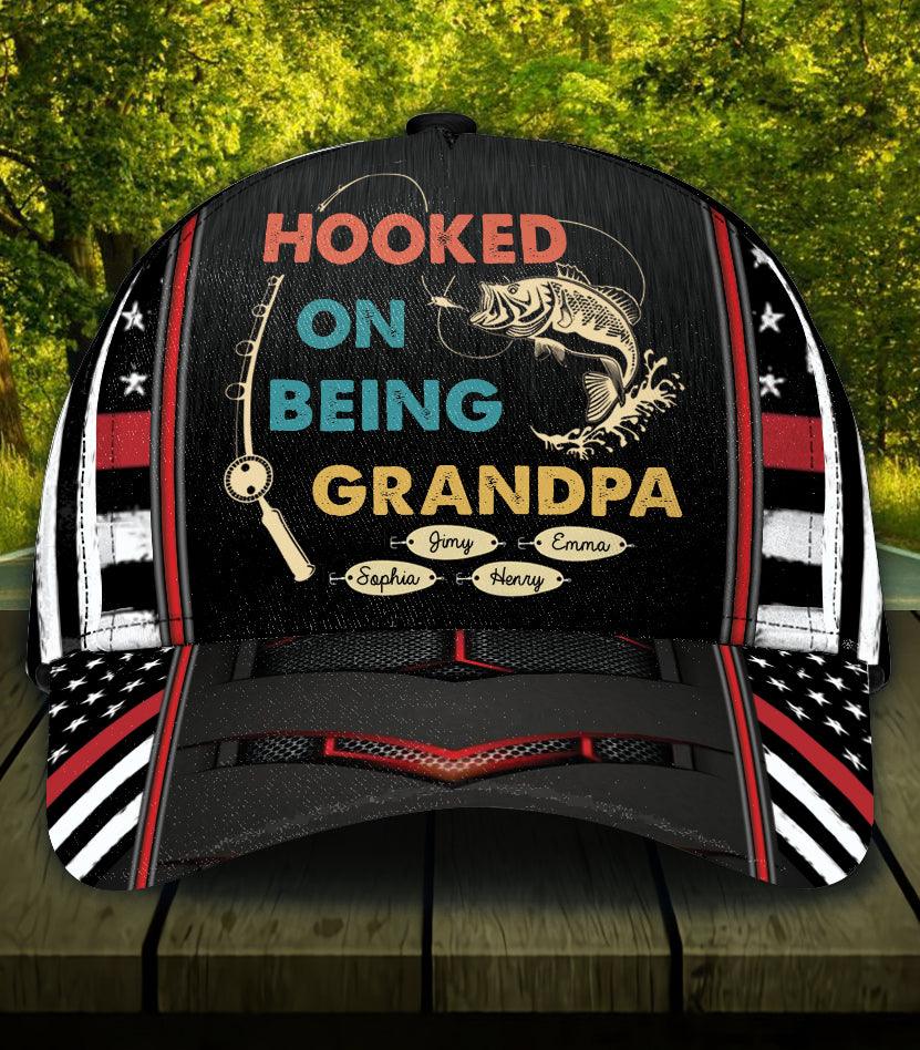 Hooked On Being, Grandpa Red Fishing Personalized Classic Cap, Personalized Gift for Fishing Lovers Trucker Hats Custom Hats Gifts For Men & Women