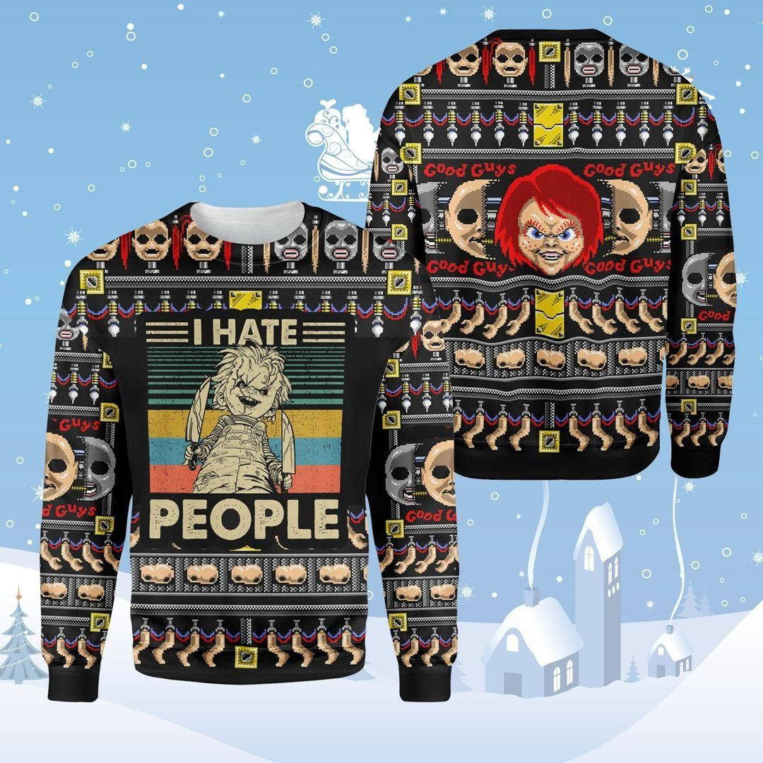 Horror Doll I Hate People For Fans Ugly Christmas Sweater Adult 3D Funny Matching for family