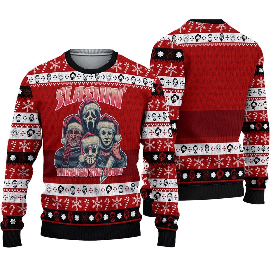 Horror Guys Slashin' Through The Snow Ugly Sweaters, Christmas Holiday Sweaters