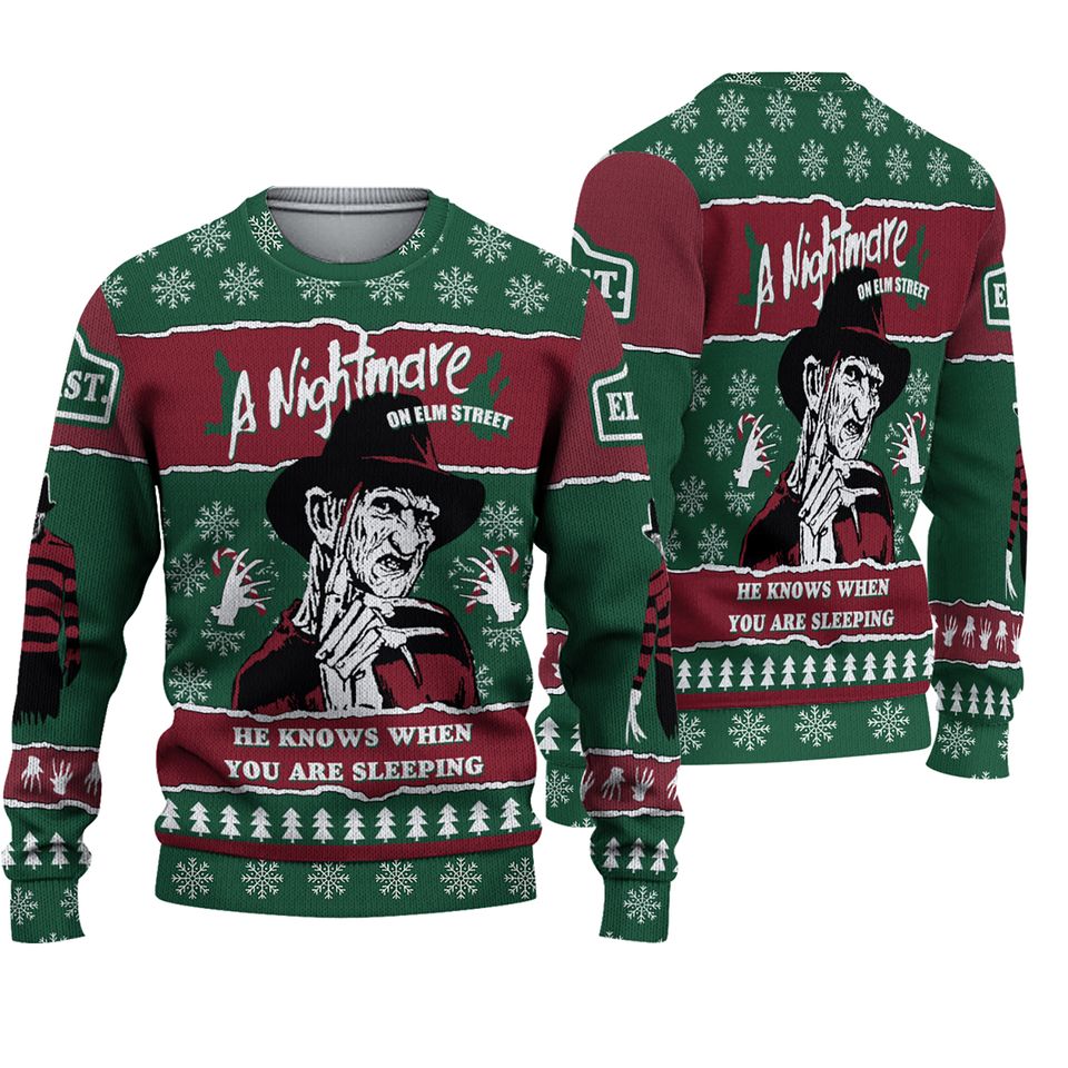 Horror Movie 3D Ugly Christmas Sweater, Nightmare Street Xmas
