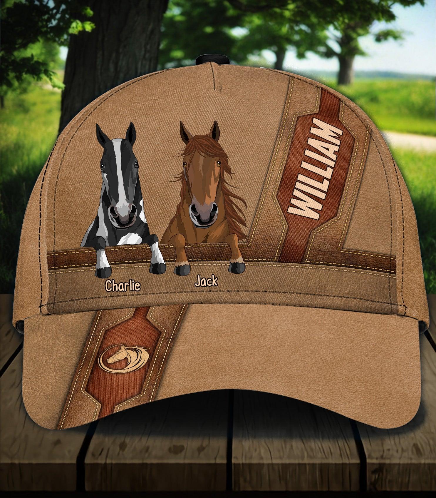 Horse Brown Leather Pattern With Horse Logo Personalized Classic Cap, Personalized Gift for Horse Lovers Trucker Hats Custom Hats Gifts For Men & Women