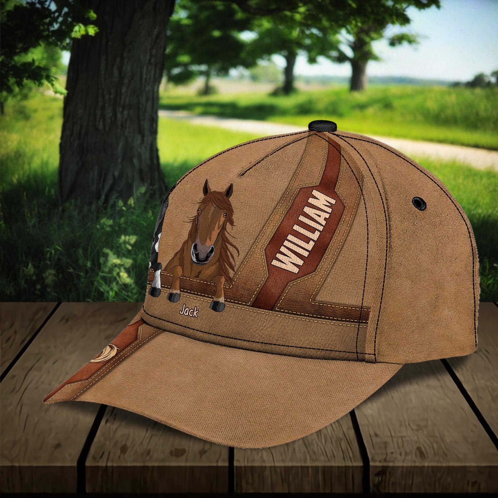 Horse Brown Leather Pattern With Horse Logo Personalized Classic Cap, Personalized Gift for Horse Lovers Trucker Hats Custom Hats Gifts For Men & Women